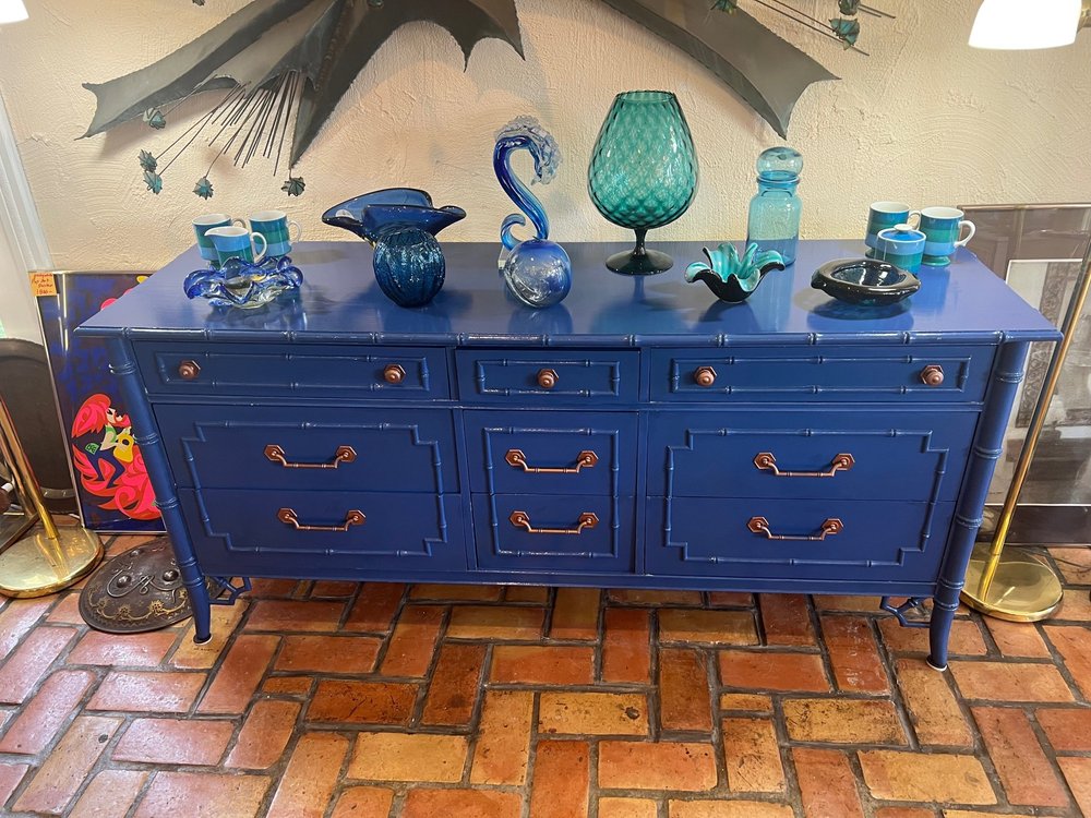 SOLD-Thomasville Allegro Chinoiserie Faux Bamboo Dresser in Blue  Fleur de  Lis