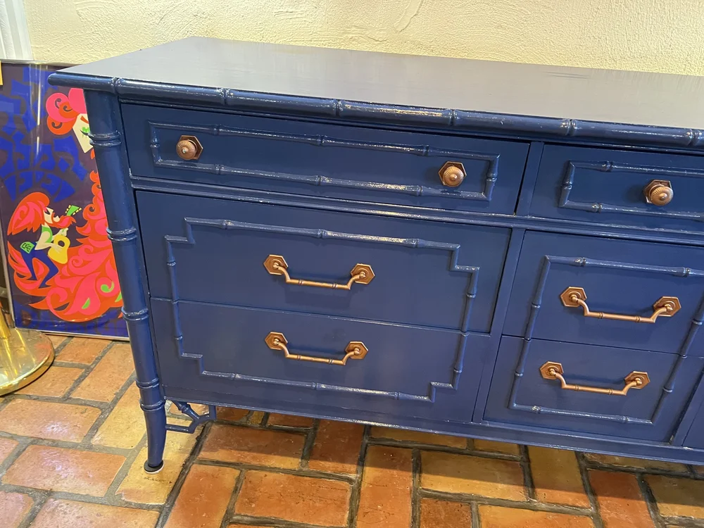 SOLD-Thomasville Allegro Chinoiserie Faux Bamboo Dresser in Blue  Fleur de  Lis