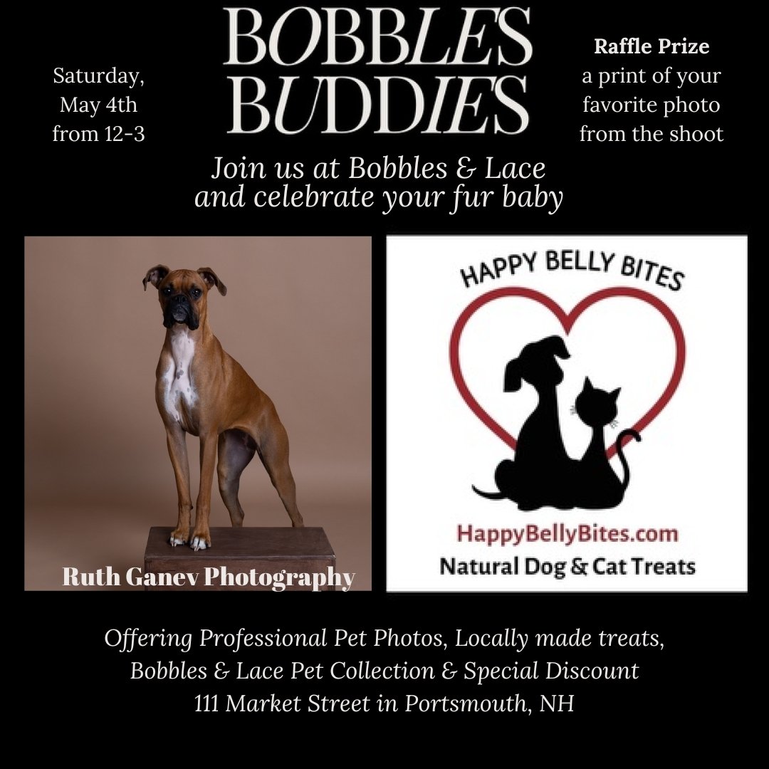 Stop by and see us this Saturday!! I'll be there at 12 taking doggy pics (and hopefully people and their dogs). No obligation! Bobbles and Lace has a beautiful new pet collection including leashes and collars and will even style YOU in some cool thre