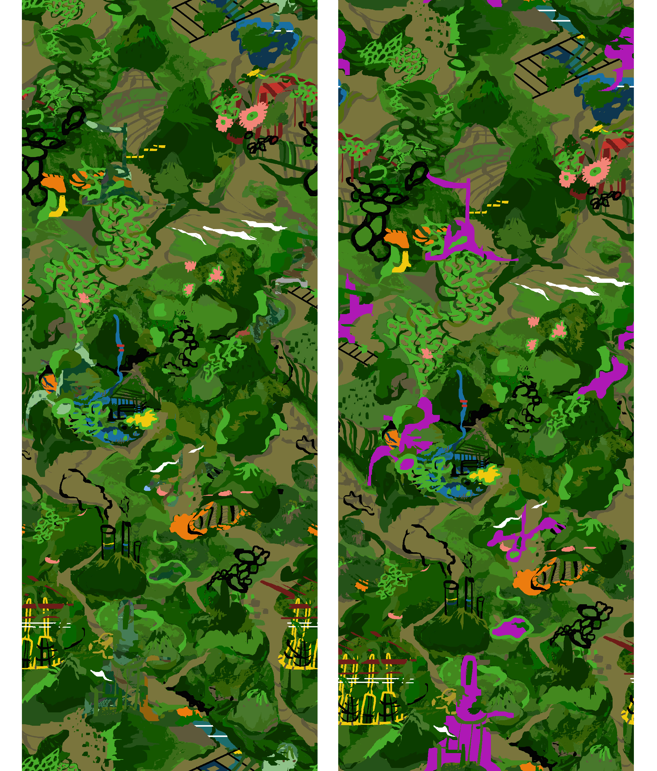 final designs on NED Graphics before weave structures were assigned - the fuchsia color shapes on the right design represent where the back-side of the cloth with show in the front