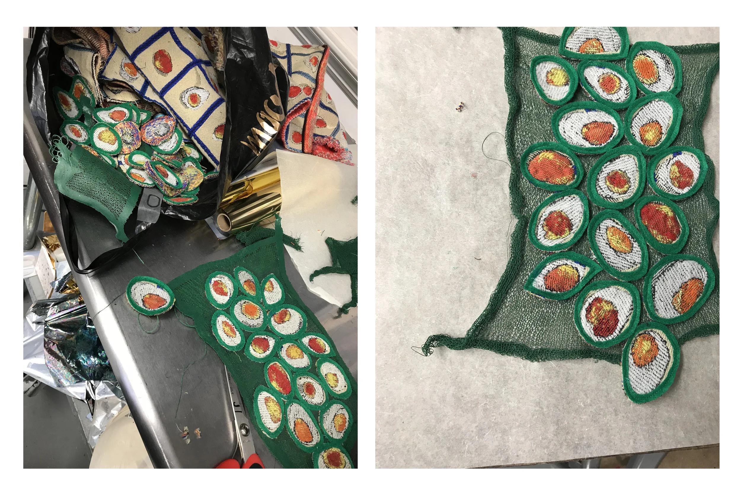 The eggs were woven on the Jacquard loom, cut, sewn, and then connected together by using the Dreamsil yarn, which can be heat-set. 