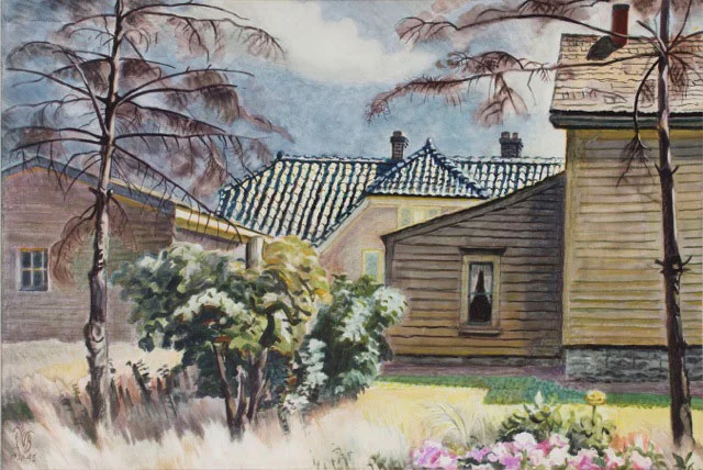   CHARLES BURCHFIELD &nbsp;(1893-1967)  Tile Roof, &nbsp;1930; 43 Watercolor on paper 24 x 36 inches Signed lower left with monogram / "1930; 1943" 