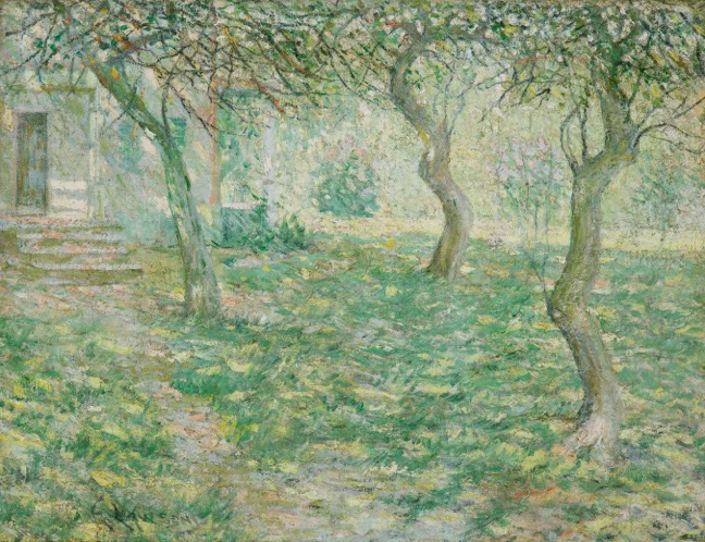   ERNEST LAWSON  (1873-1939)  French Farmhouse, Spring , c. 1914 Oil on canvas 19 x 24 1/2 Signed lower left:  E. Lawson  