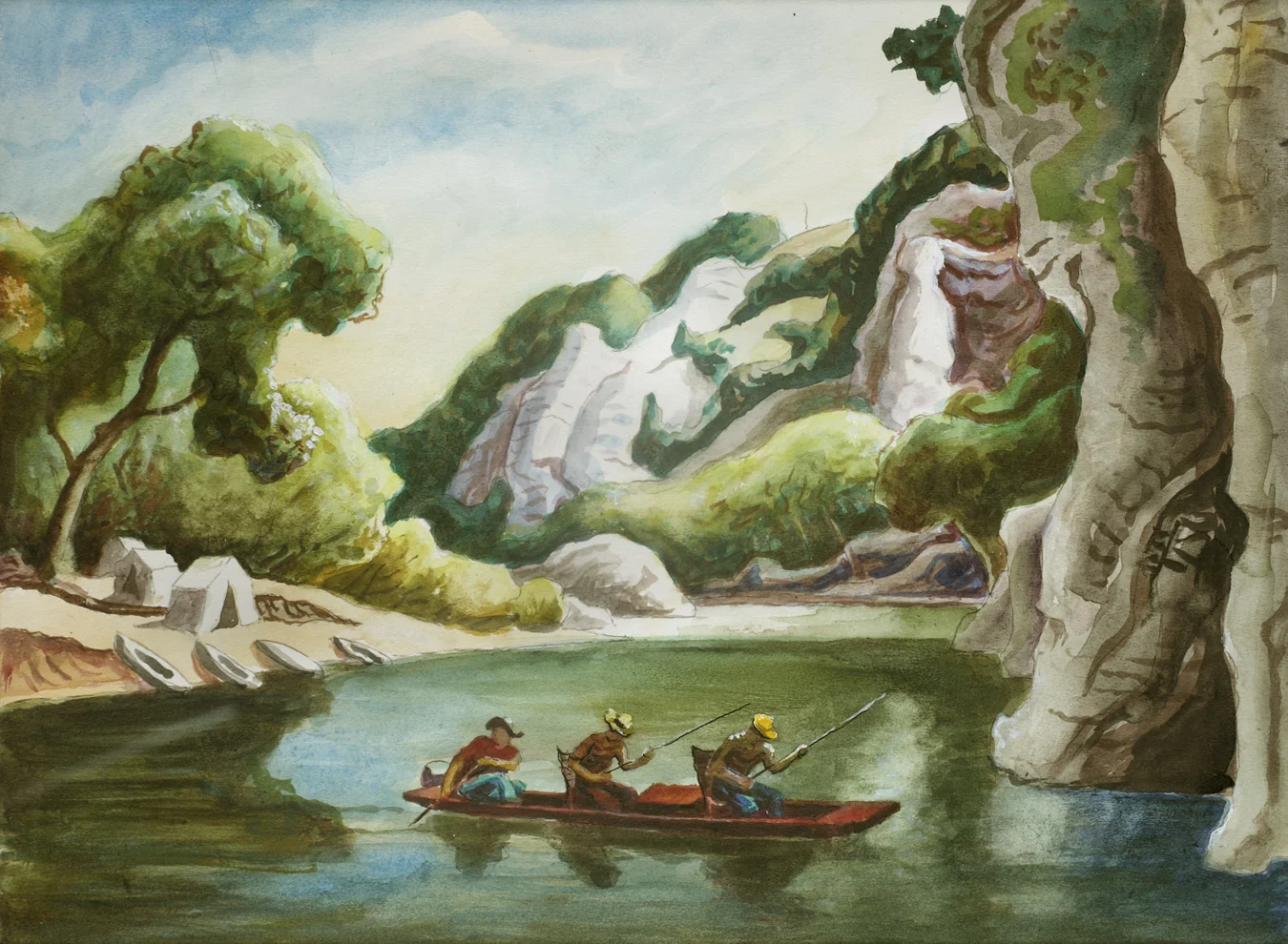   THOMAS HART BENTON  (1889-1975)  Buffalo River (Canoe with Three Men) , 1973 Watercolor on paper 10 x 13 1/2 inches Signed and dated lower right:  Benton 73  