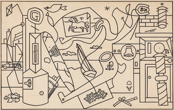 STUART DAVIS (1892-1964) Final Study for Radio City Music Hall Mural , 1932 Ink, blue crayon (grid) and traces of pencil on paper 22 x 34 1/2 inches Signed right center: Stuart Davis