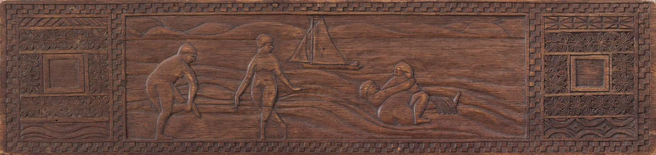 ROBERT LAURENT (1890 - 1970) Bathers and Sailboat , c. 1915 Carved wood panel on ebonized mount 6 1/4 x 26 inches Signed lower right