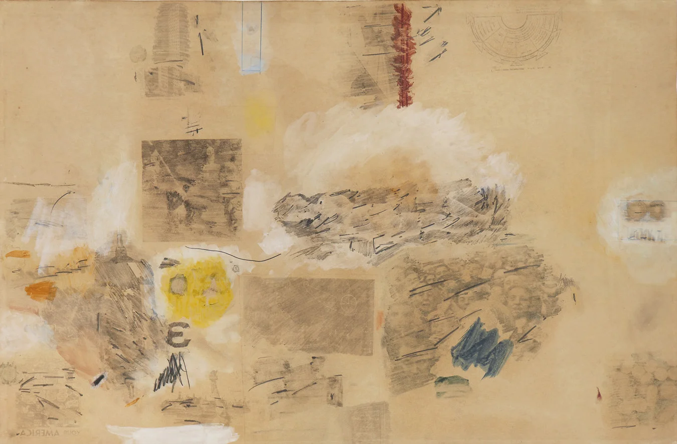   ROBERT RAUSCHENBERG  (1925 - 2008)  A-Muse,  1958 Solvent transfer, watercolor, graphite on buff wove paper Paper size 23 1/2 x 35 1/2 inches Framed size 34 1/2 x 46 inches Signed and dated on verso:&nbsp; Rauschenberg 1958  
