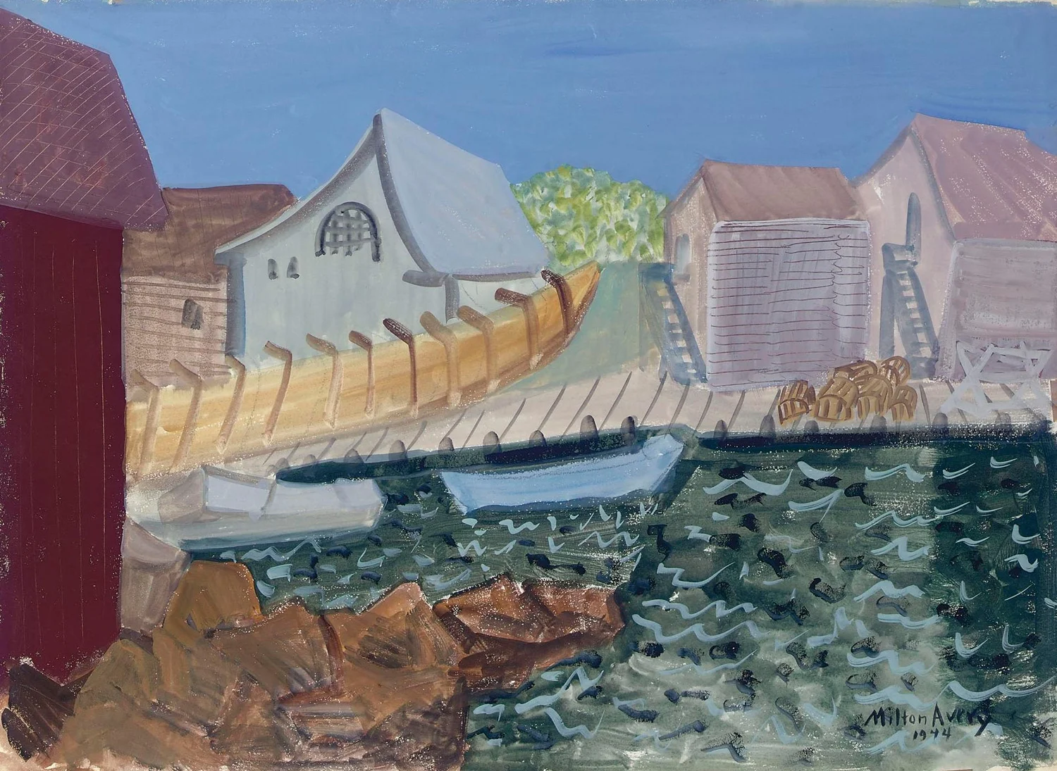 MILTON AVERY (1885-1965) Fishing Harbor, 1944 Gouache on paper 22 x 29 1/4 inches Signed and dated: Milton Avery 1944
