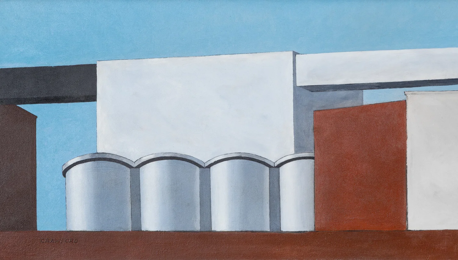 RALSTON CRAWFORD (1906-1978) Flour Mill, c. 1937 Oil on canvas 11 x 19 inches Signed, lower left: CRAWFORD