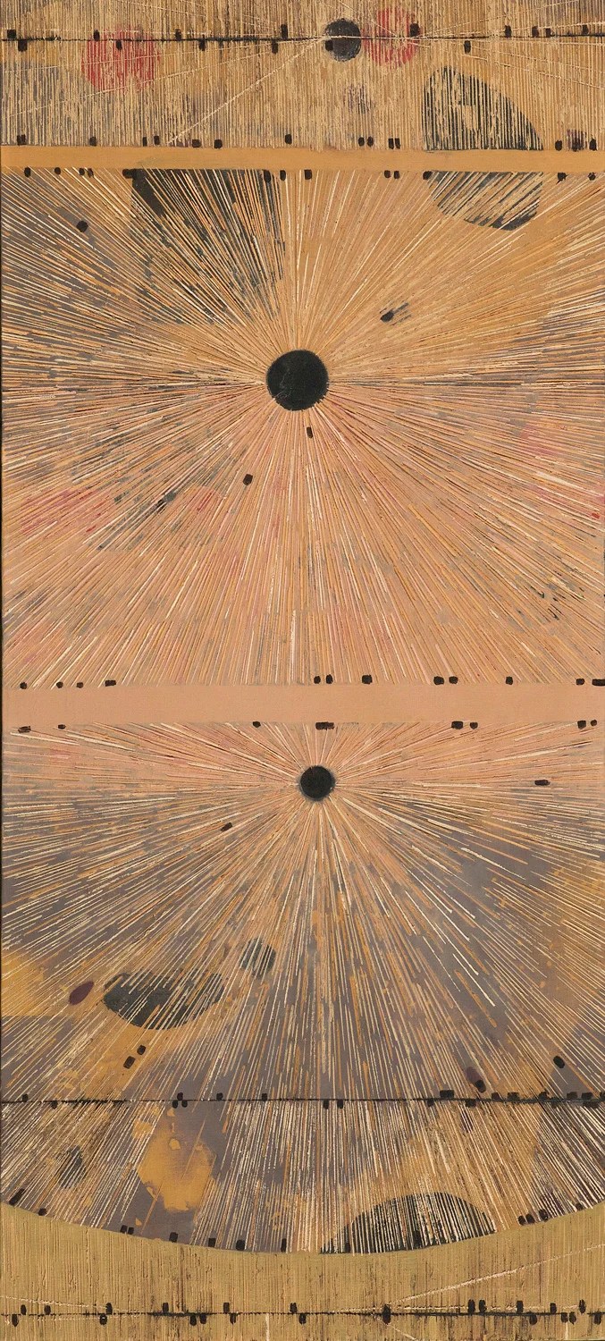   LEE MULLICAN &nbsp;(1919 - 1998)  Weather Theory,  1951 Oil on canvas 40 x 17 inches Signed and dated on verso:  L. Mullican 1951  