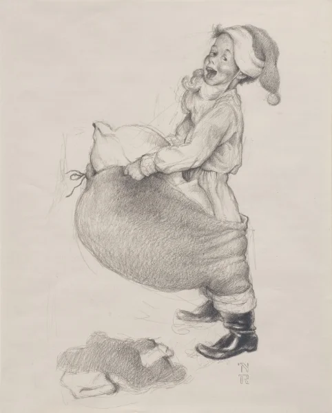 NORMAN ROCKWELL (1894 - 1978) Drawing for Hallmark Christmas Card "Boy in Santa Suit", 1957 Pencil on paper 16 x 13 inches Signed lower right with initials