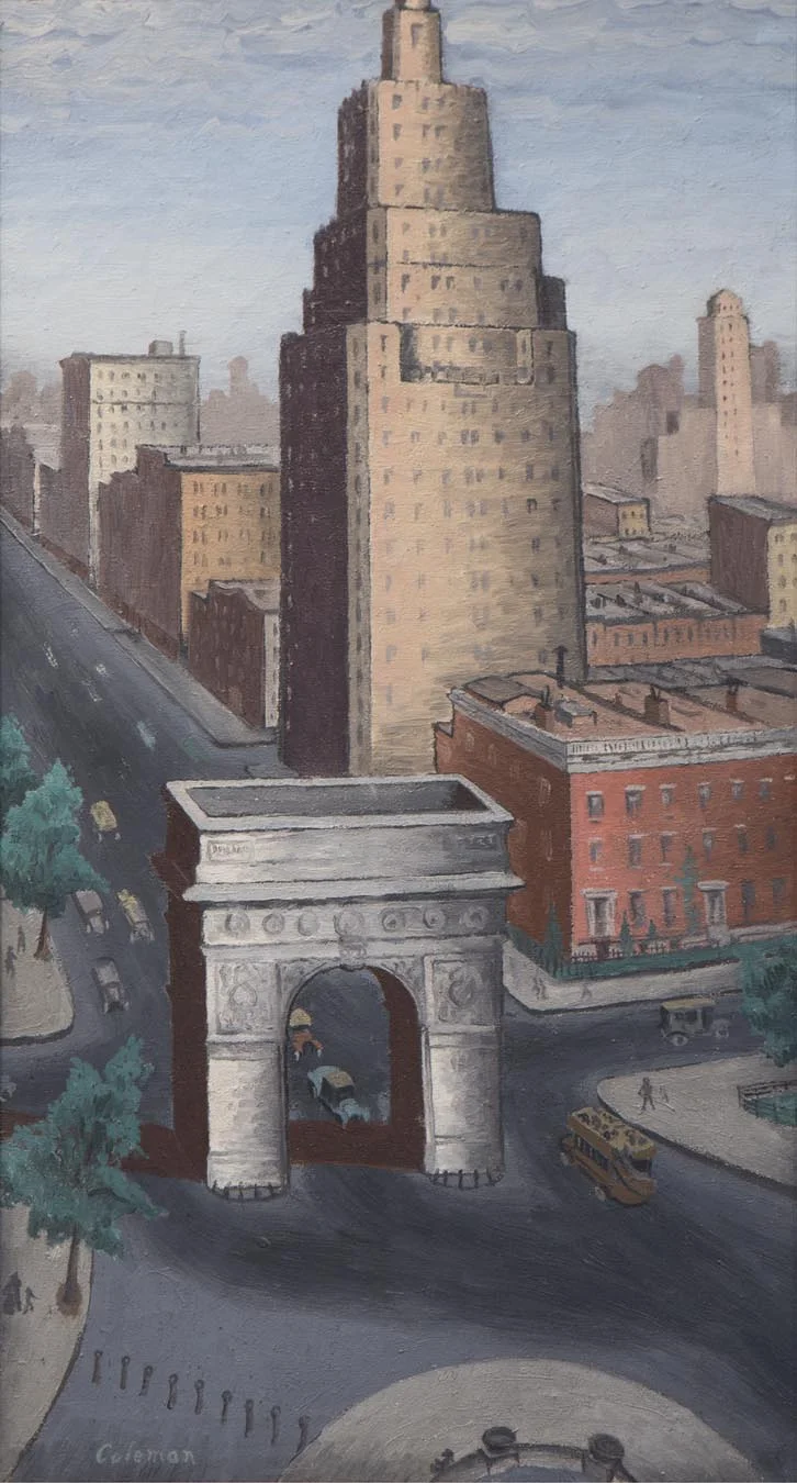 GLENN O. COLEMAN (1887-1965) Bird's Eye View , c. 1928 Oil on canvas 34 x 18 1/2 inches Signed lower left: Coleman