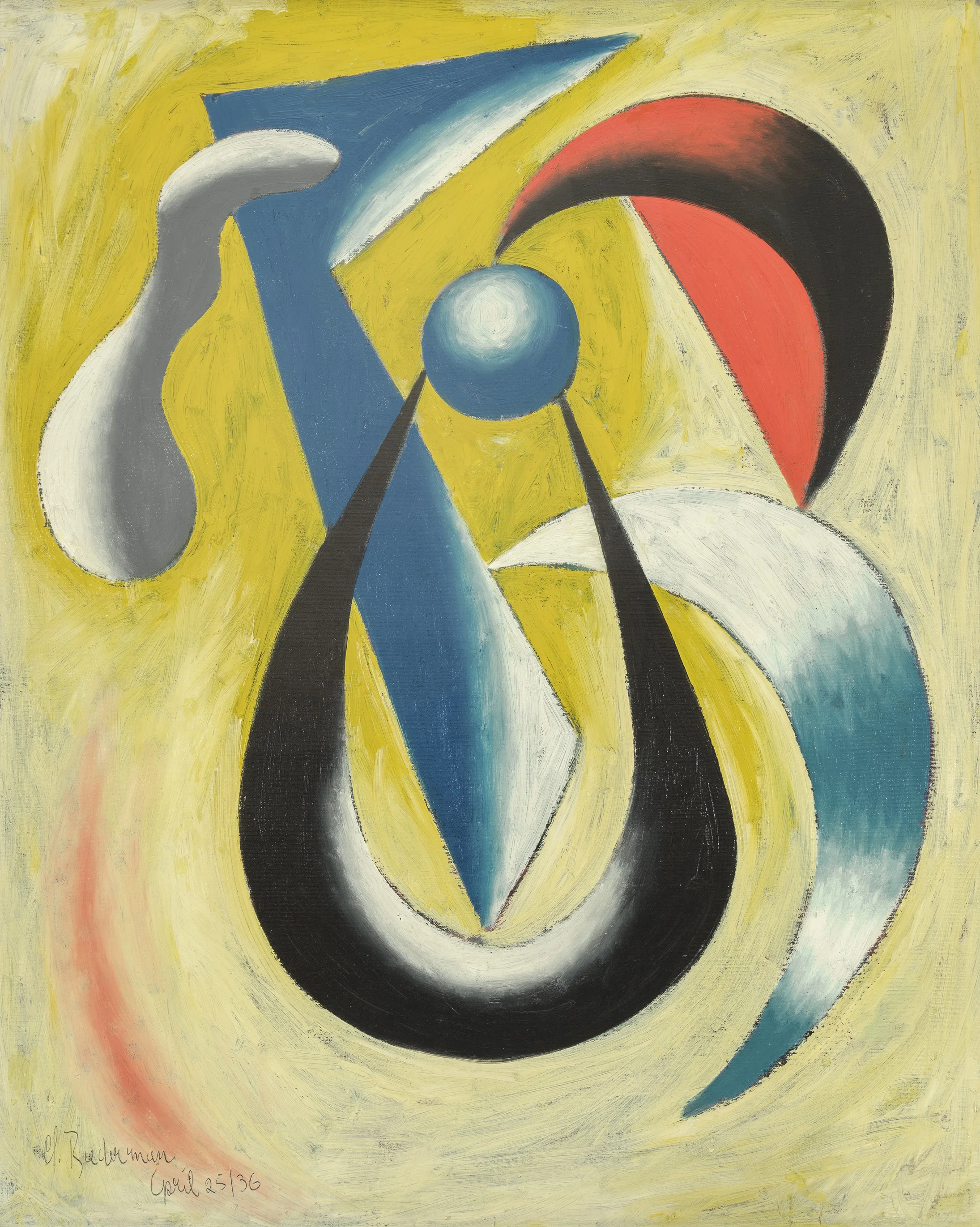   CHARLES BIEDERMAN (1906-2004)   April 25/36 , 1936 Oil on canvas 32 1/4 x 26 inches Signed, lower left: Cl. Biederman April 25/36 