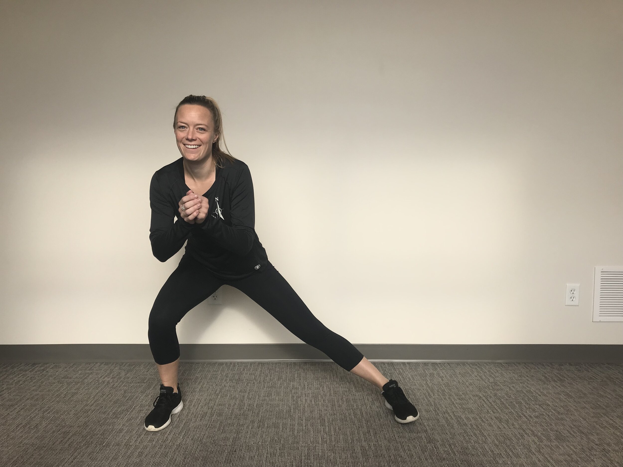 Step out to the side; drop your hips back into a lunge keeping your knee right over your toe and your outside leg straight. Repeat 15-20 times each leg