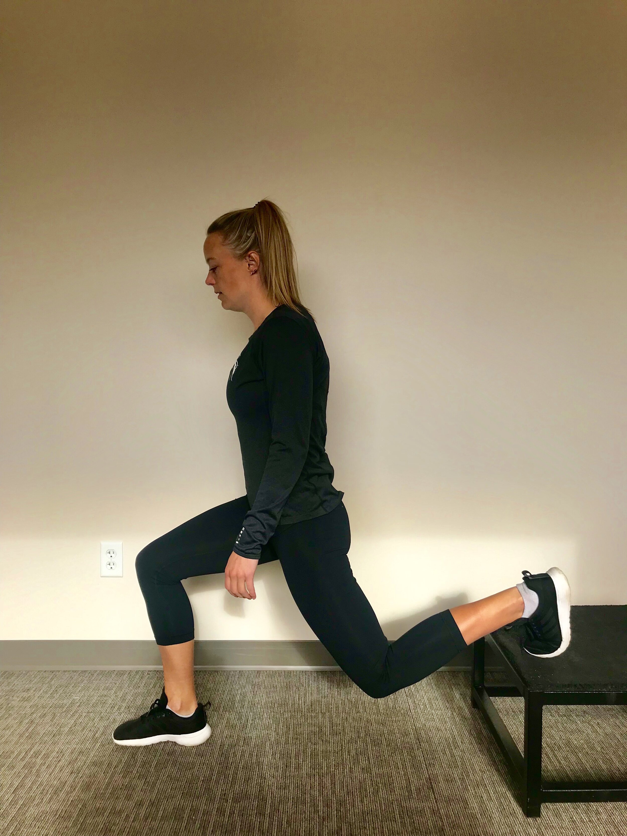 Put your back foot up on a stool; drop down into a split lunge, front knee stays right over toe. Repeat 15-20 times each leg.