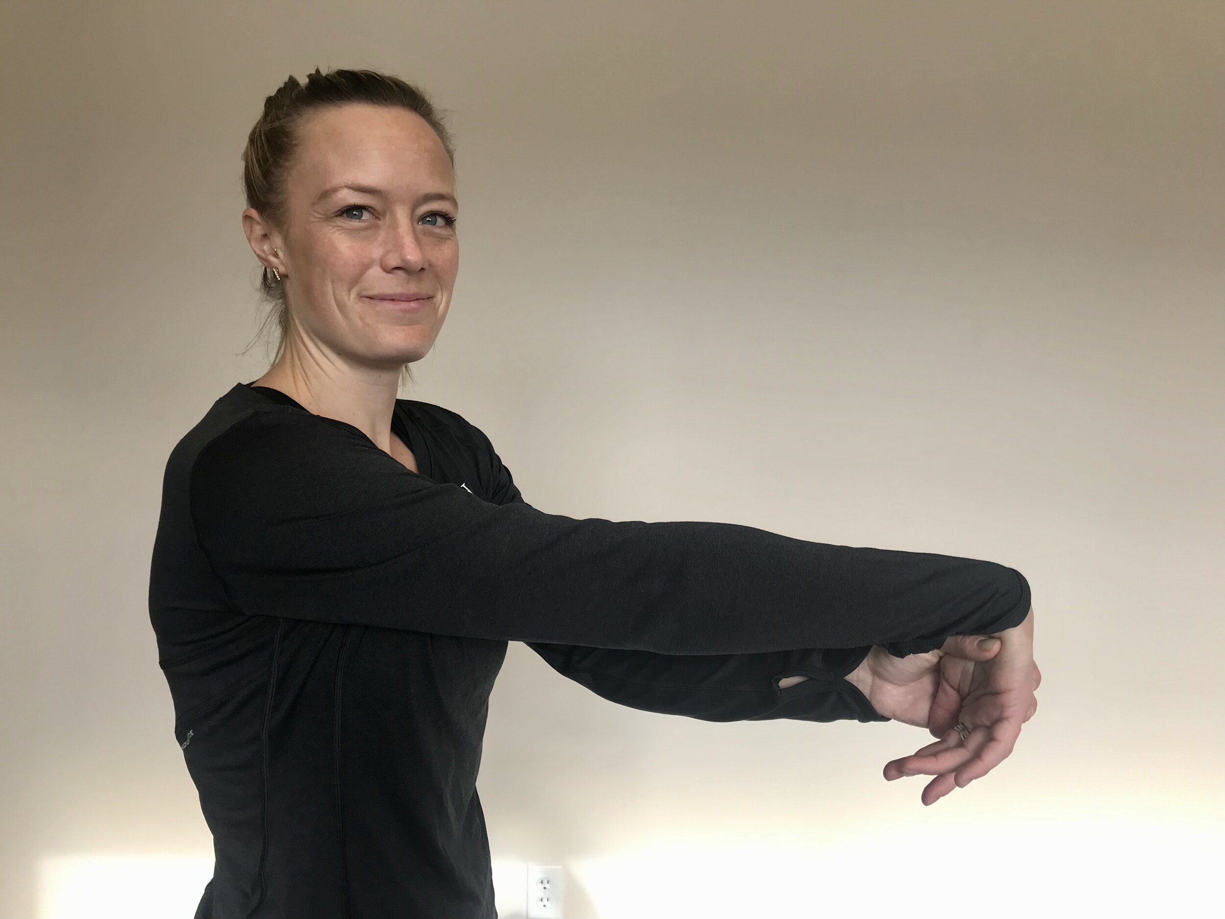 Forearm flexion stretch: Straighten your arm out in front of you, keep your elbow straight and with your other hand gently bend your wrist and fingers until a gentle stretch is felt.