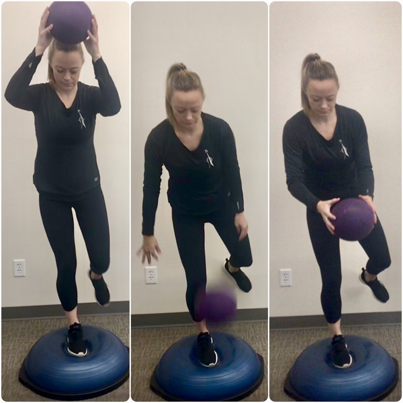 Balance on a BOSU ball or the ground on one leg. Bend your knee slightly to help stabilize. Throw your medicine ball from overhead to the ground and catch it; keeping your knee stabilized. Repeat 20 times each leg.