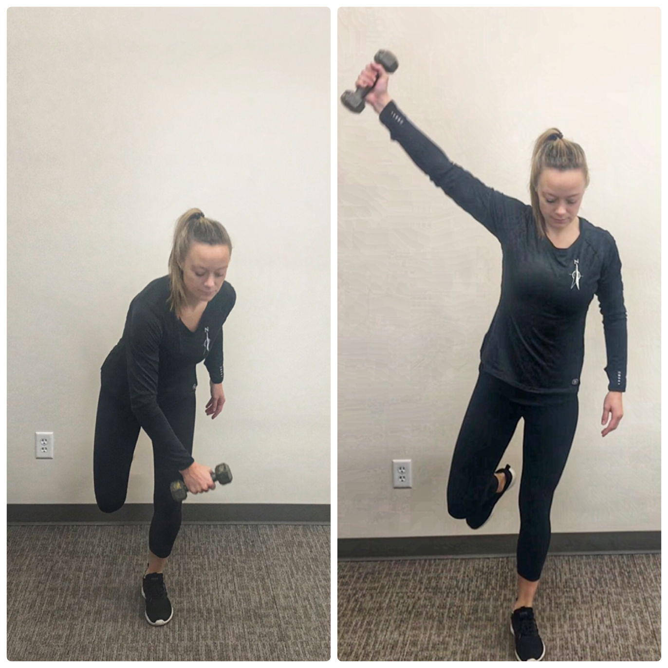 Balance on one leg with a weight in the other. Bend your knee into a squat and reach across your body, then straighten your knee and reach up and out. Repeat 15 time each leg.