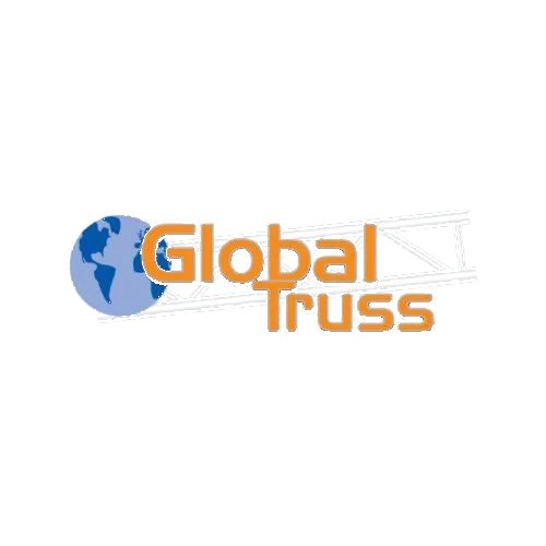 Logo for Global Truss featuring a stylized globe with a blue and black map of the world, and the company name in orange and white text.