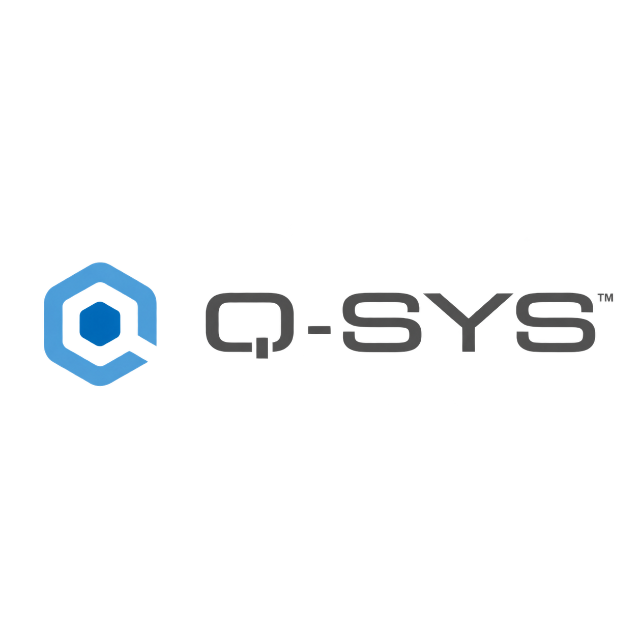 QnA image logo with a stylized blue hexagon icon and the text Q-SYS in black.