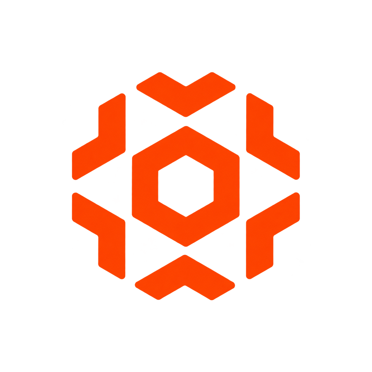 An abstract red hexagon logo with three-dimensional geometric shapes surrounding it, indicating a modern or technological theme.