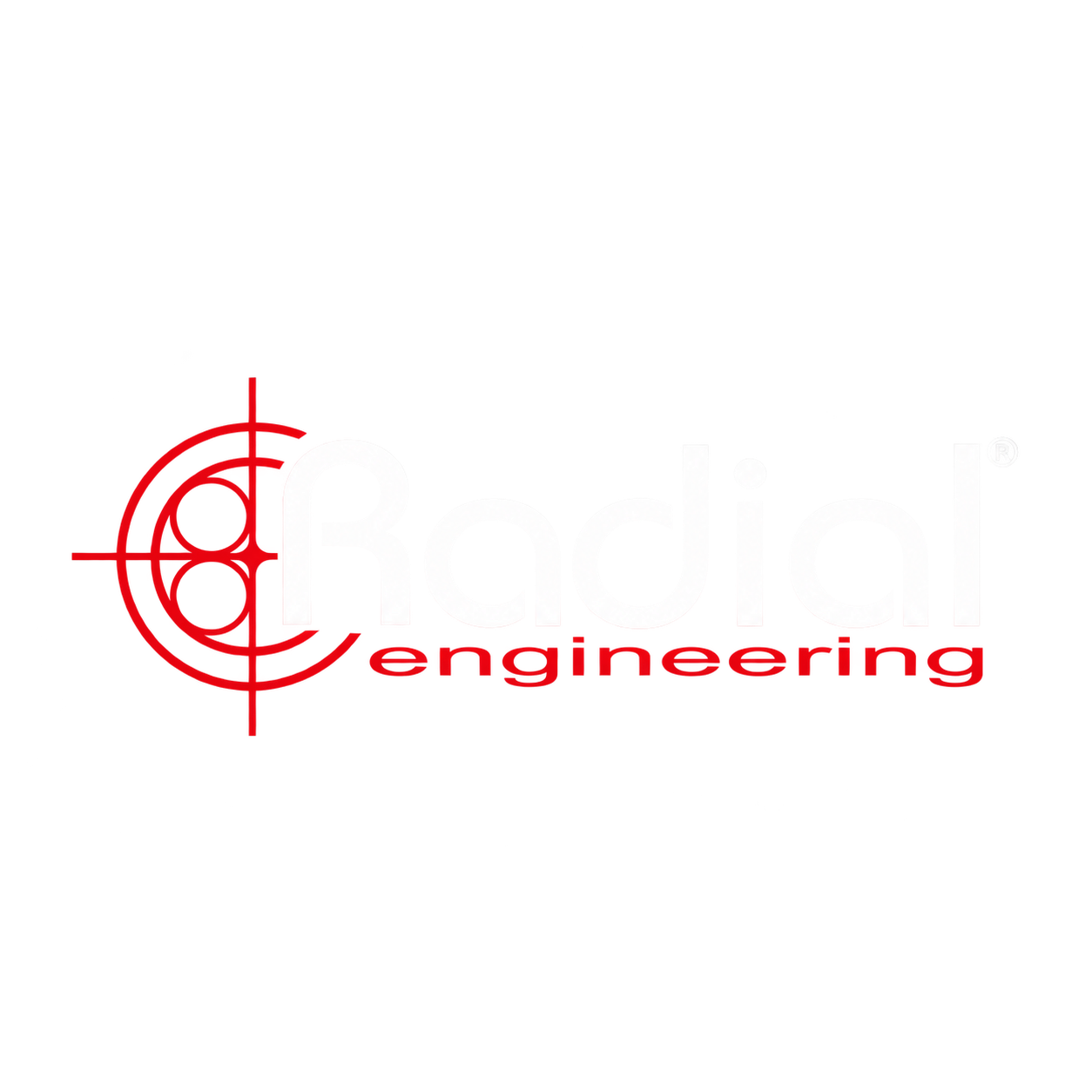 Radial Engineering logo with red target crosshair symbol and white and red text.