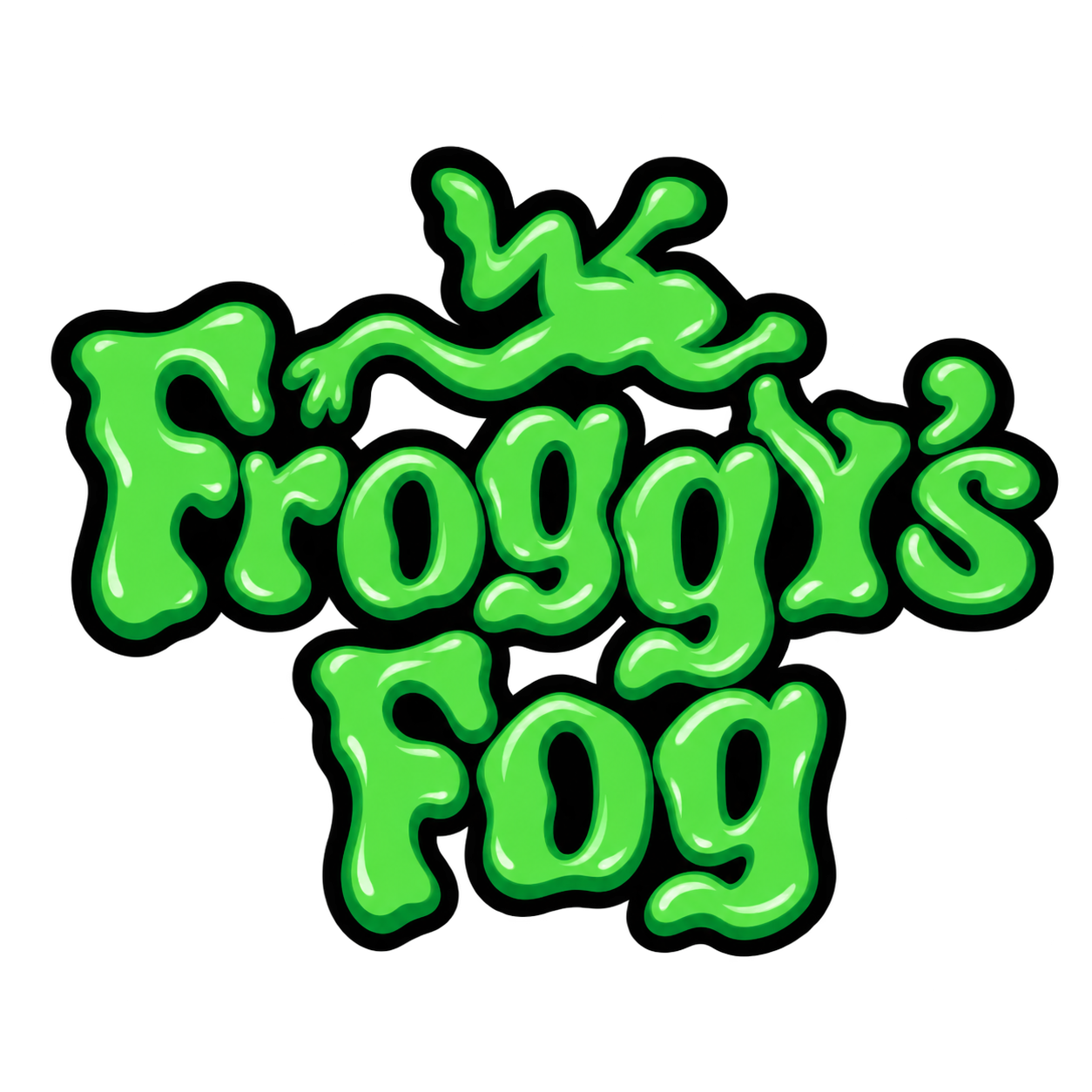 Bright green animated logo of Froggy's Fog with a frog silhouette above the text.