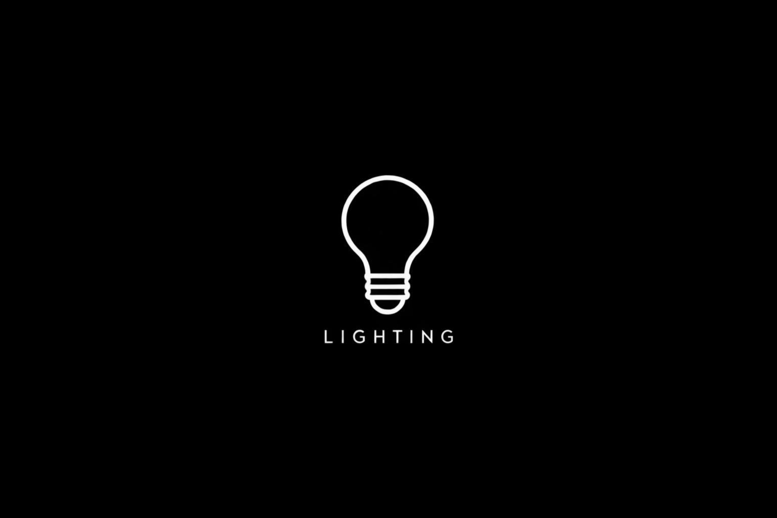 Minimalist black background with a white outline of a lightbulb icon, and the word 'Lighting' written below.
