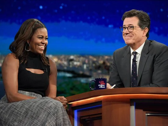 Michelle Obama Killed It With Her Barack Impression on 'Colbert'