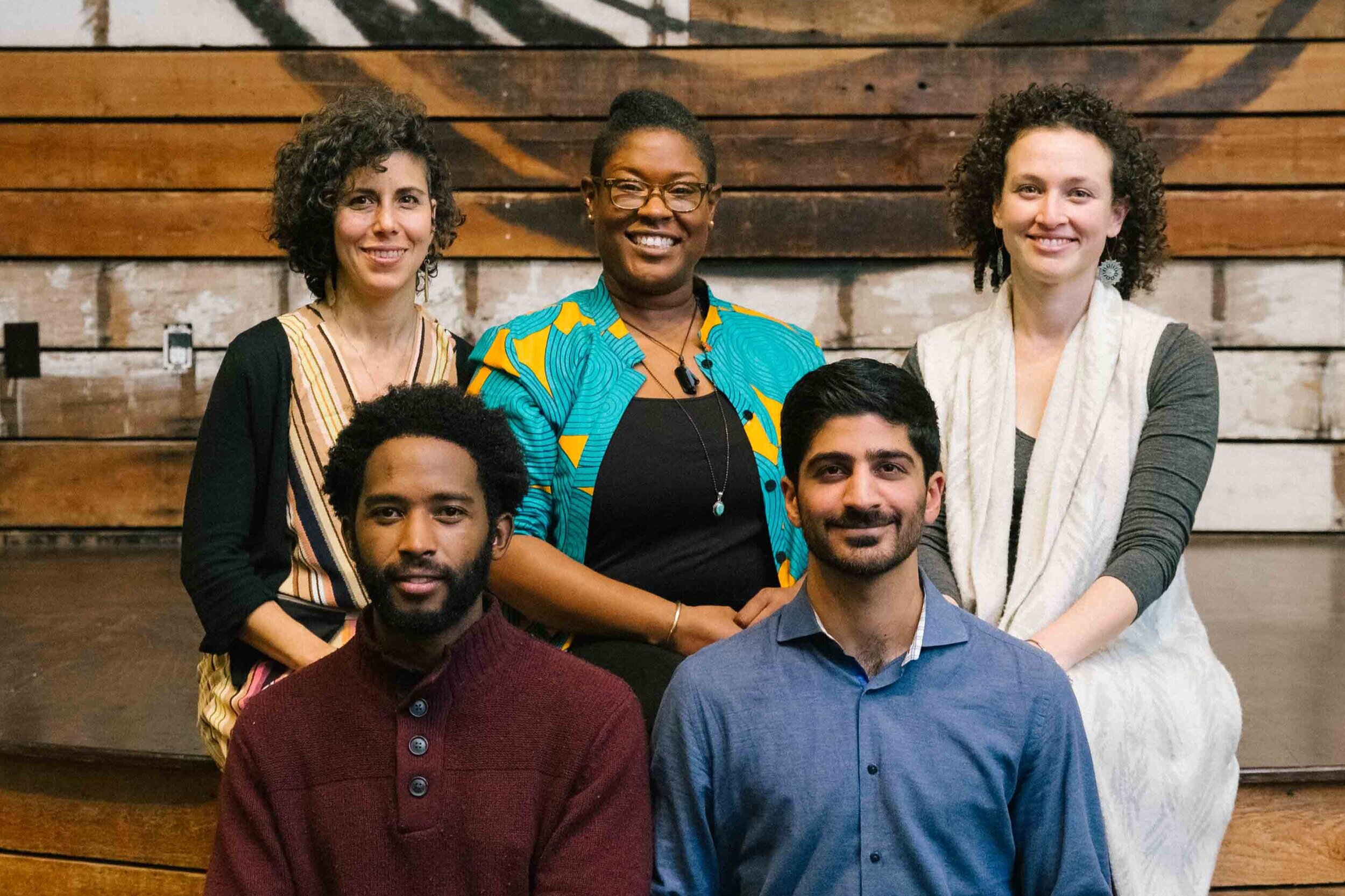 the team at East Bay Permanent Real Estate Cooperative, a grantee of Ambitious. (Pictured from left to right, top to bottom: Marissa Ashkar, Noni Session, Shira Shaham, Gregory Jackson, Ojan Mobedshahi.) Photo courtesy of Sustainable Economies Law C…