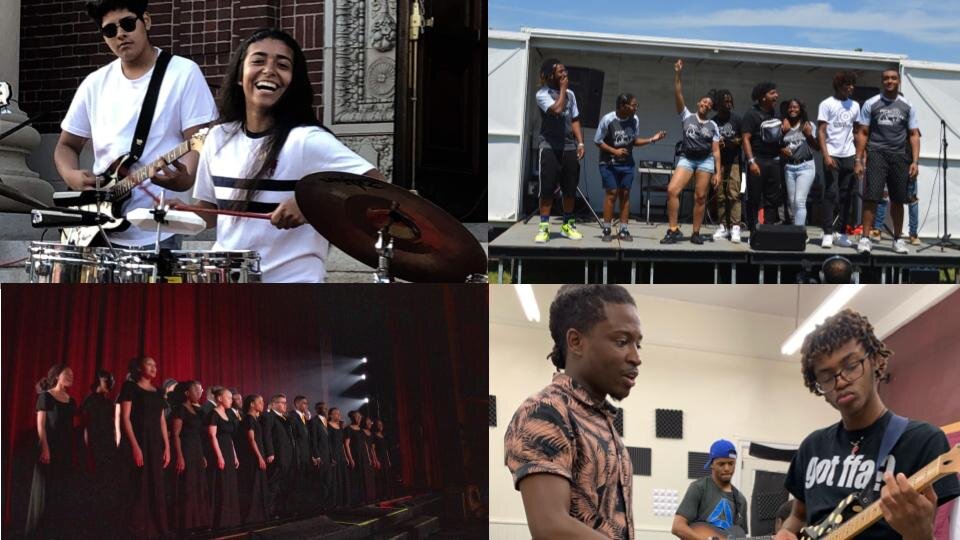 the Lewis Prize’s latest Accelerator Award winners. in clockwise order starting in the upper left: Hyde Square Task Force, Saint Louis Story Stitchers Artists Collective, Beyond the Bars, Mosaic Youth Theatre of Detroit