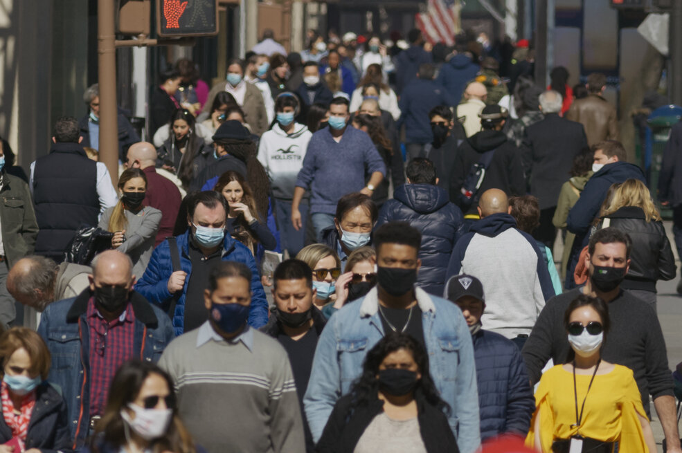 Masked crowd in New York City, a geographic focus for Stavros Niarchos Foundation’s COVID relief giving. blvdone/shutterstock