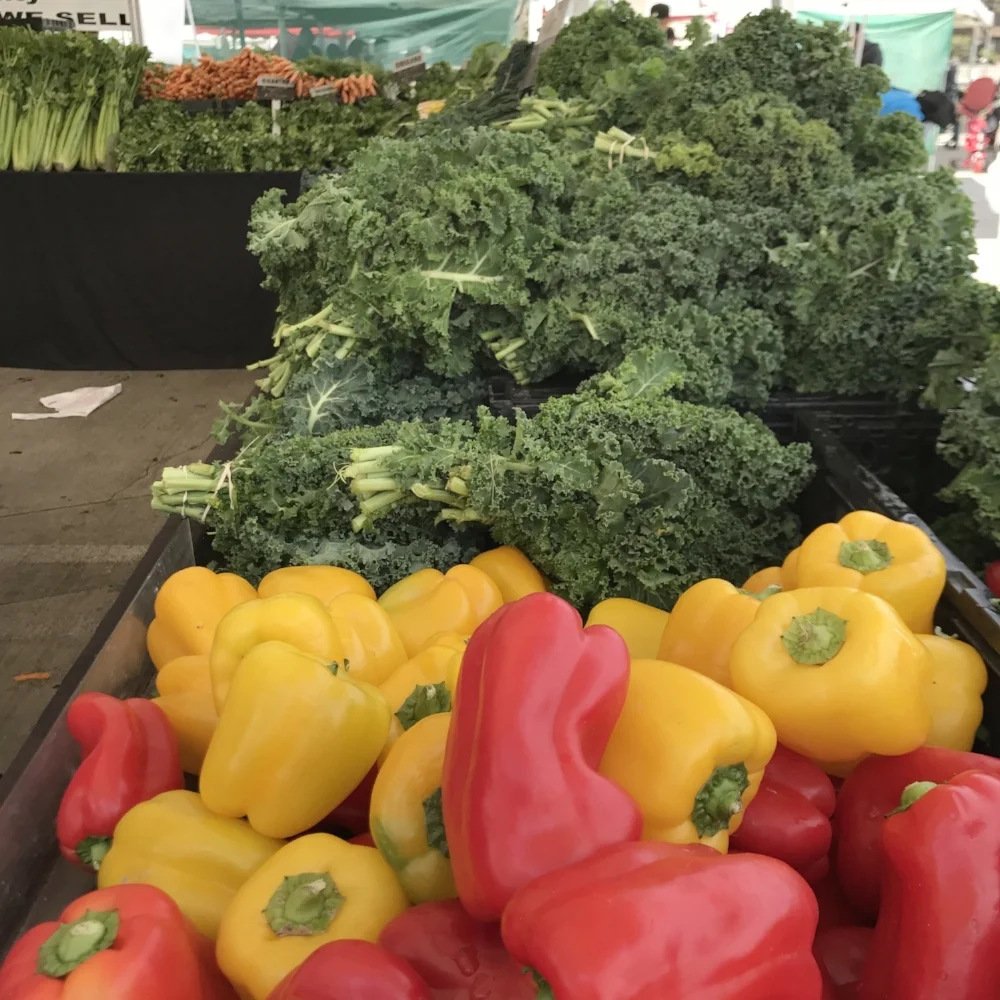 fresh farmer’s market vegetables including bell peppers and kale
