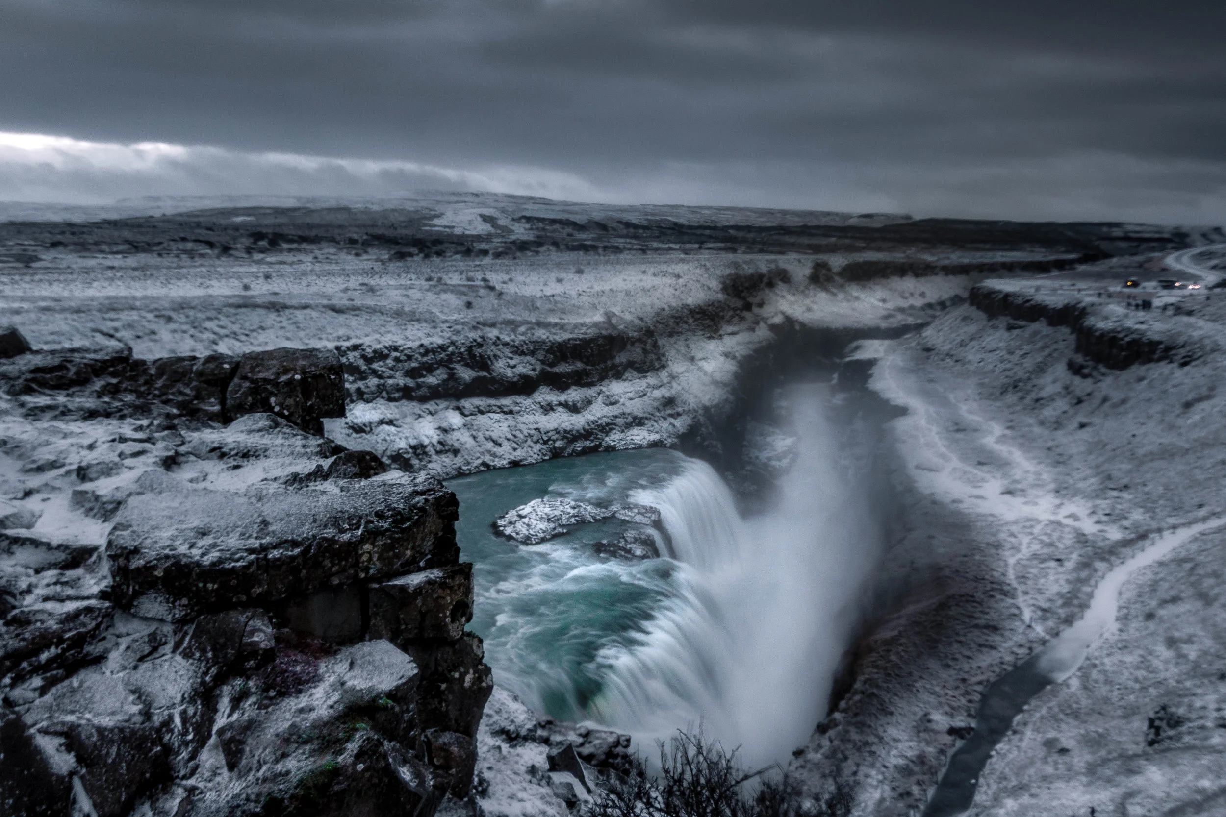 Shot was taken during a fierce downpour of snow and wind. Location: Gulfoss