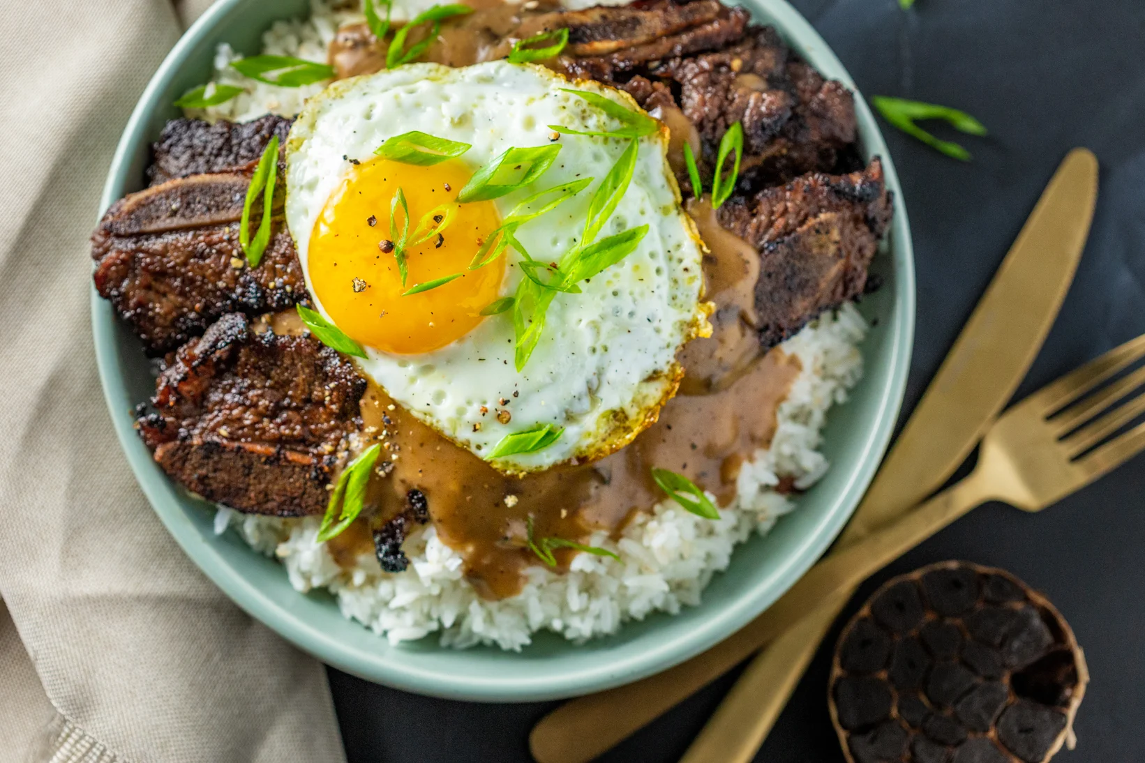 Kalbi Short Rib Loco Moco with Black Garlic Gravy