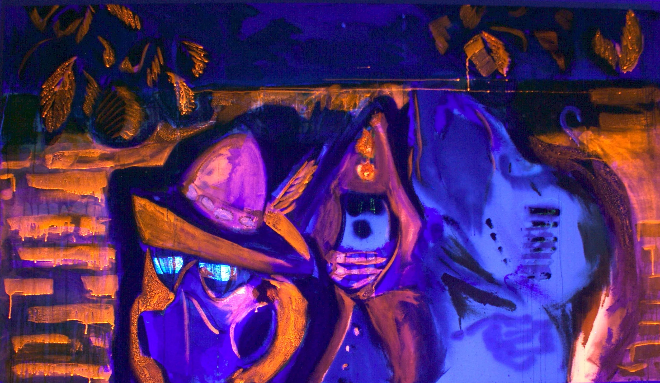  Halloween Painting, lit ultraviolet (2009) mixed media on canvas, 48 x 84 inches 
