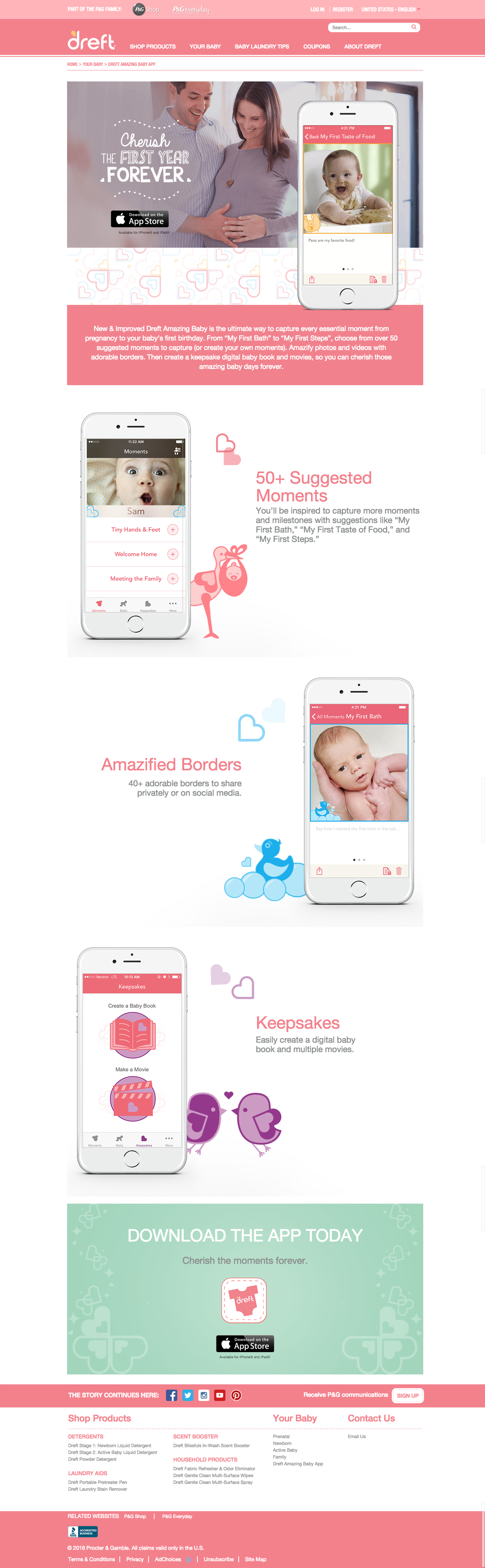 Landing page with details about the app and call to action to download.