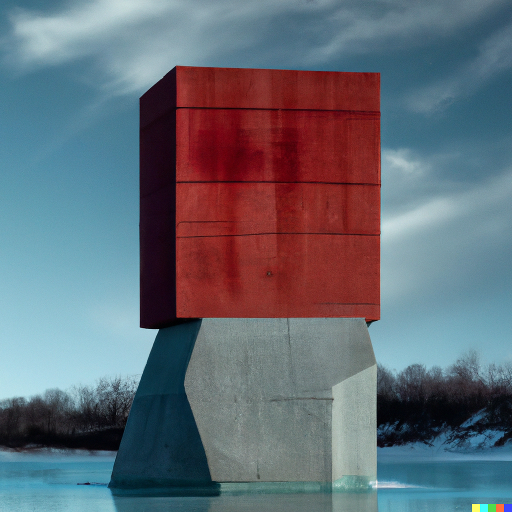 DALL·E 2022-10-28 13.07.10 - 4k, award winning photo of a 60 meter high polyhedron shaped Brutalist building dripping with red paint on top of towering boulder in the middle of a .png