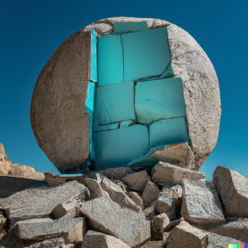 DALL·E 2022-10-28 13.04.26 - award winning photo of looking up at 2000 meter spherical boulder that is balanced on the edge of a cliff and shattered with turquoise tiles, surround.png