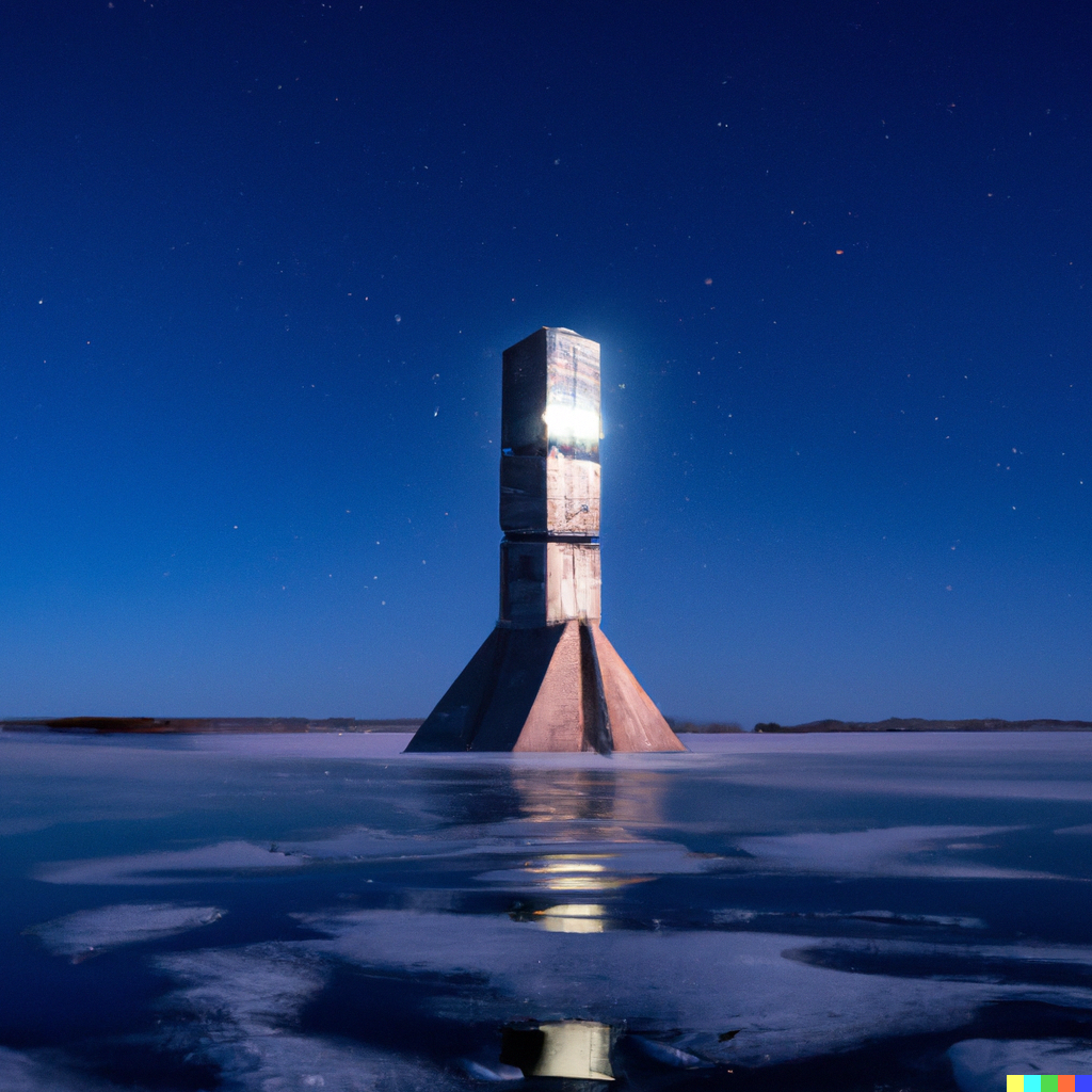 DALL·E 2022-10-28 12.44.33 - 4k, award winning photo a crystal Brutalist lookout tower in the shape of clindinder on tall stilts on a towering boulder in the middle of the frozen .png