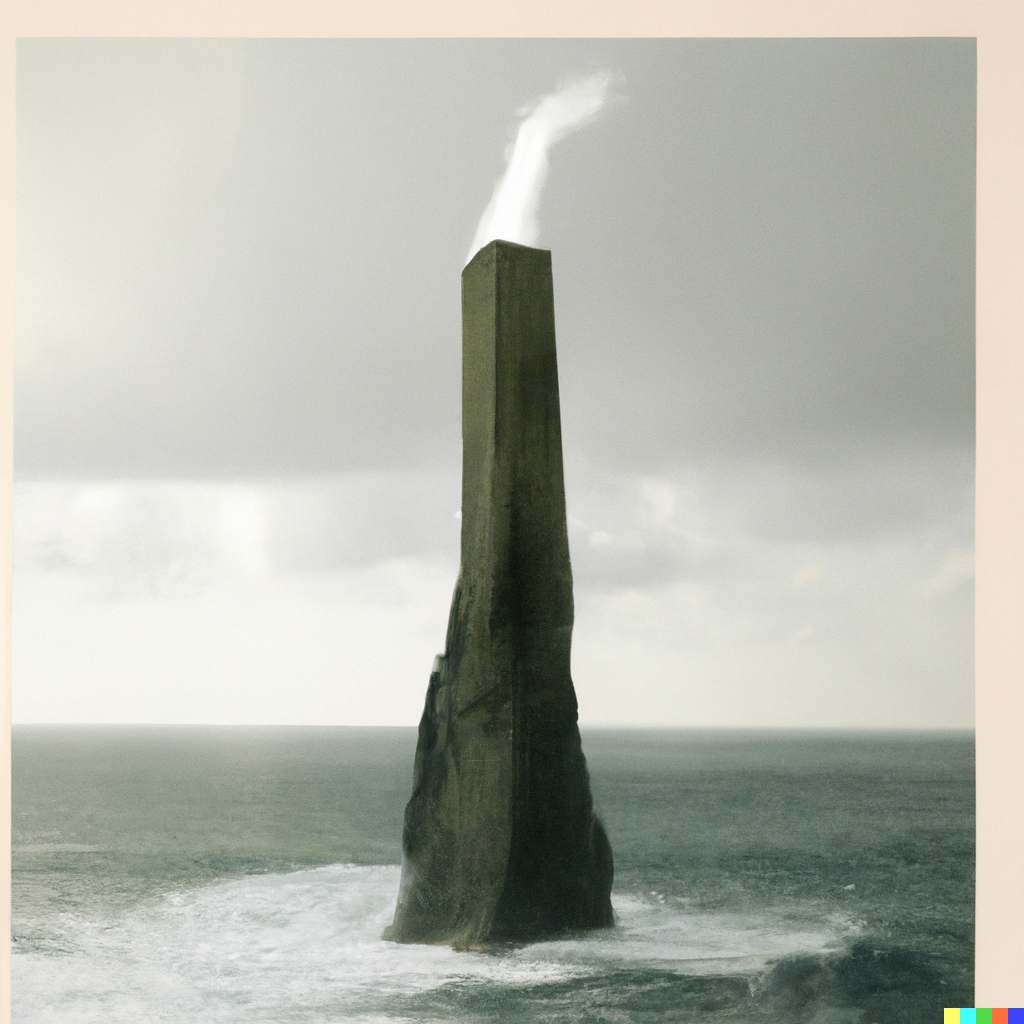 DALL·E 2022-10-28 12.41.10 - A award winning Polaroid photo of a sharp 60 meter stone jutting up out of the stormy sea at the base of which sits a brutalist smoke tower, painted i.png