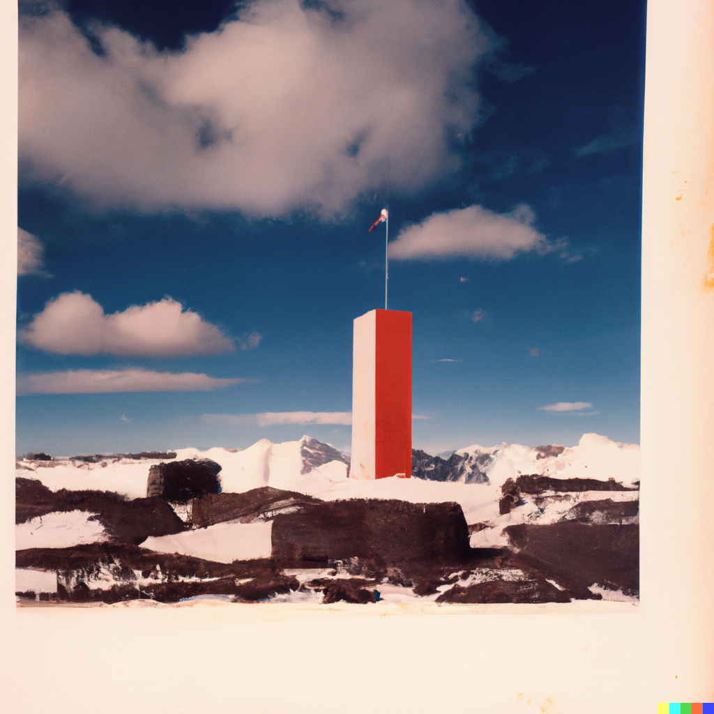 DALL·E 2022-10-28 12.40.54 - A award winning Polaroid photo of a sharp 60 meter stone jutting up out of Antarctica at the base of which sits a brutalist smoke tower surrounded by .png