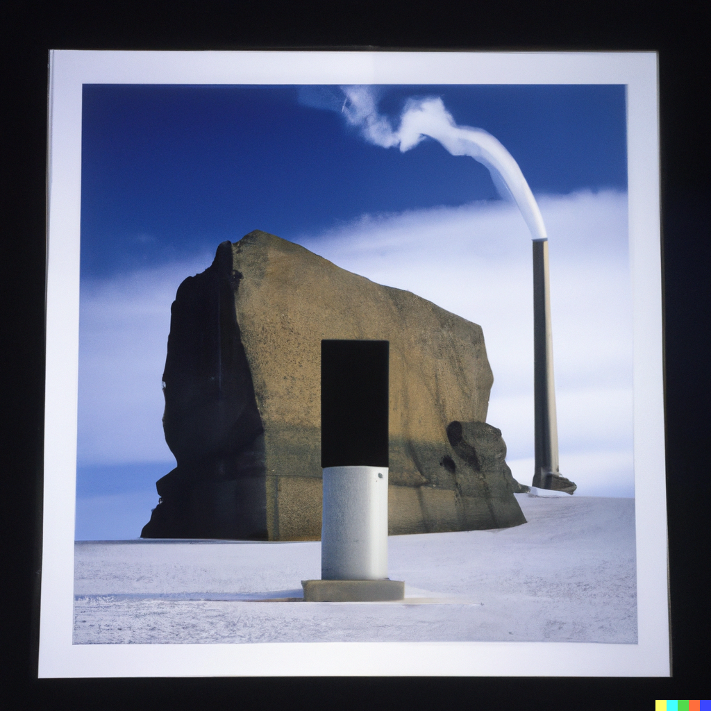 DALL·E 2022-10-28 12.40.23 - A award winning Polaroid photo of a sharp 60 meter stone jutting up out of Antarctica at the base of which sits a brutalist smoke tower surrounded by .png