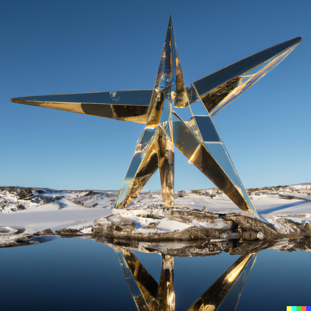 DALL·E 2022-10-28 12.37.48 - Award winning Photo of 20 meter polyhedron star that is made of mirrored tiles and pipes and is  mounted on a towering boulder in the Arctic by a froz.png