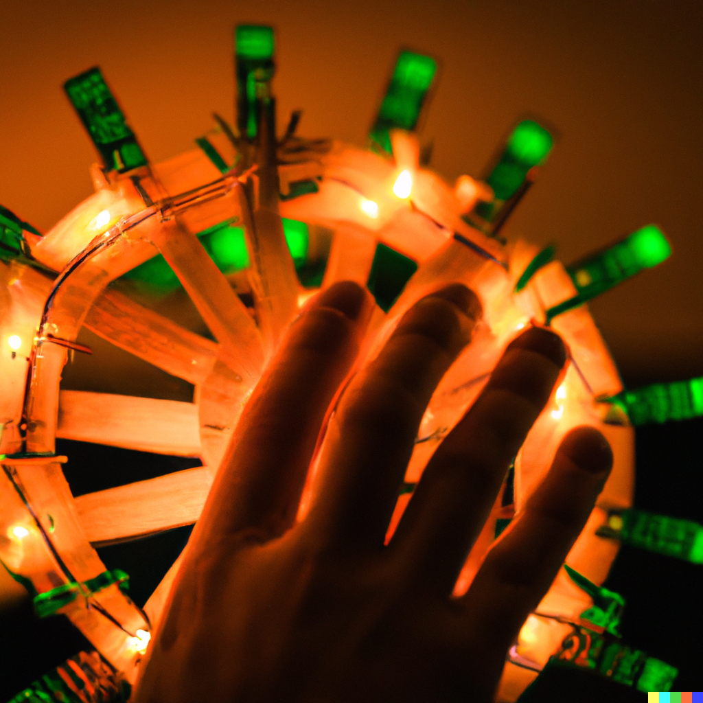 DALL·E 2022-10-20 13.32.24 - award winning photo of hand holding a ferris wheel made out of toothpicks and LEDs and transistors, orange and green light.png