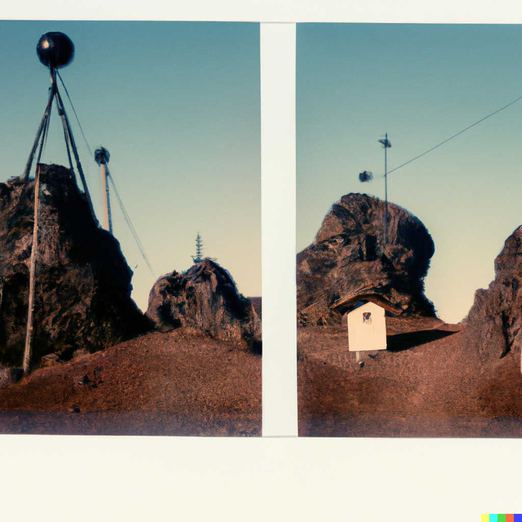 DALL·E 2022-10-07 10.04.29 - award wining polaroid of a four giant black volcanic boulder in a row on a steep hill with carved eyes, wood stairs, red flag, antenna and security ca.png