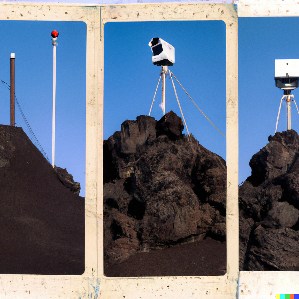 DALL·E 2022-10-07 10.04.23 - award wining polaroid of a four giant black volcanic boulder in a row on a steep hill with carved eyes, wood stairs, red flag, antenna and security ca.png