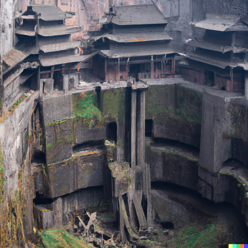 DALL·E 2022-09-06 22.35.47 - 4k, Award winning beautiful photo of a massive sinkhole and around the walls are four pyramid-shaped towers in the style of brutalism connected by sta.png