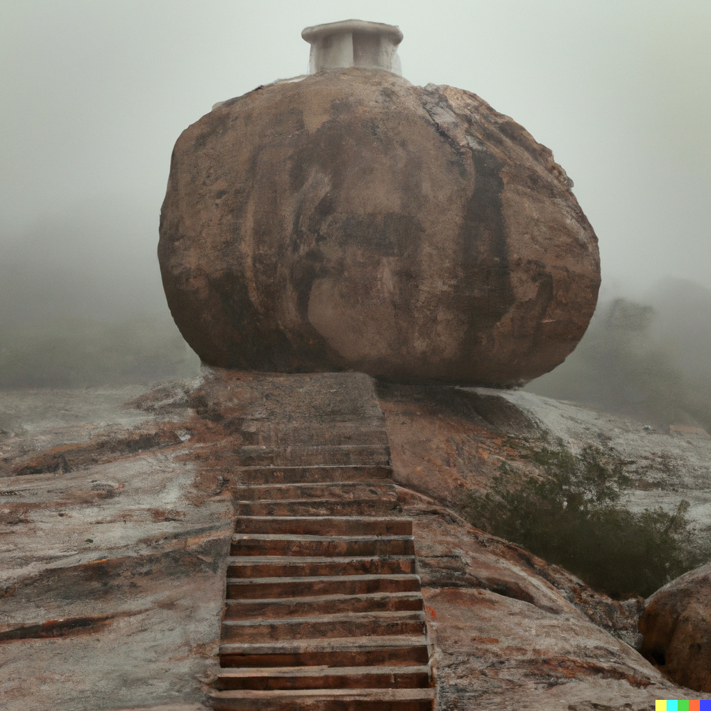DALL·E 2022-08-24 11.03.32 - 4k, award winning photo, 80 mm lens, of a towering  boulder with worn stone stairs winding up to reach a indian temple that sits at the the top of the.png
