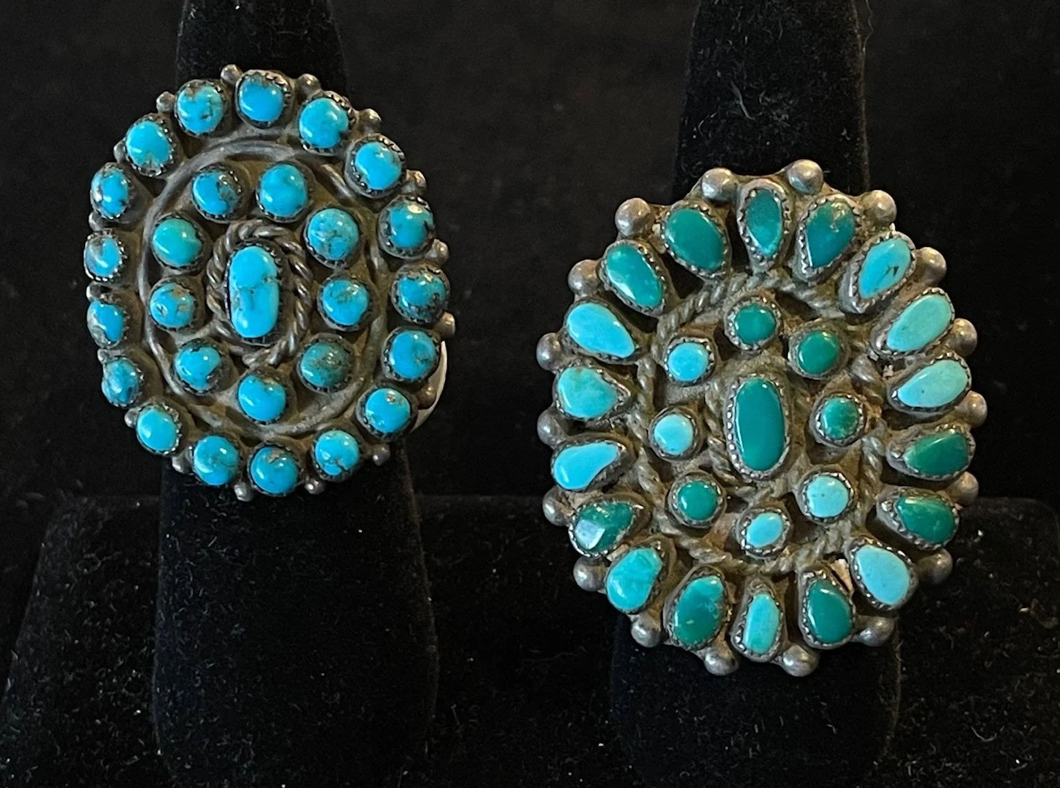 Zuni cluster rings, both vintage.